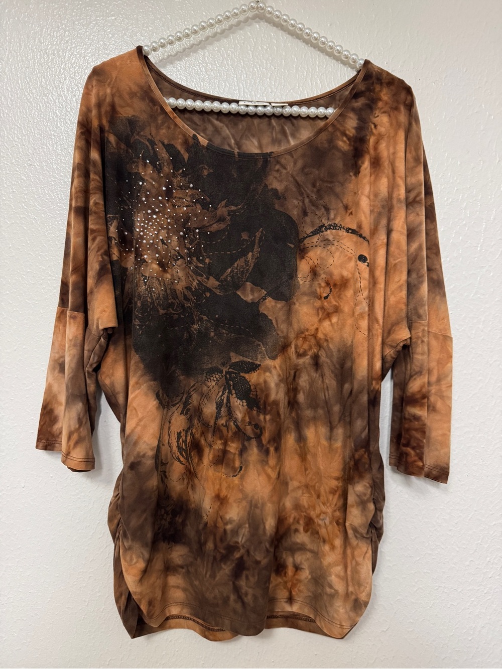 Cato Brown Tie-Dye Floral Scoop Neck Long Sleeve Top